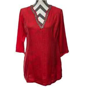 Malvin I Love Linen Tunic Coral Pink Jeweled V-neck Medium Quiet Luxury Resort